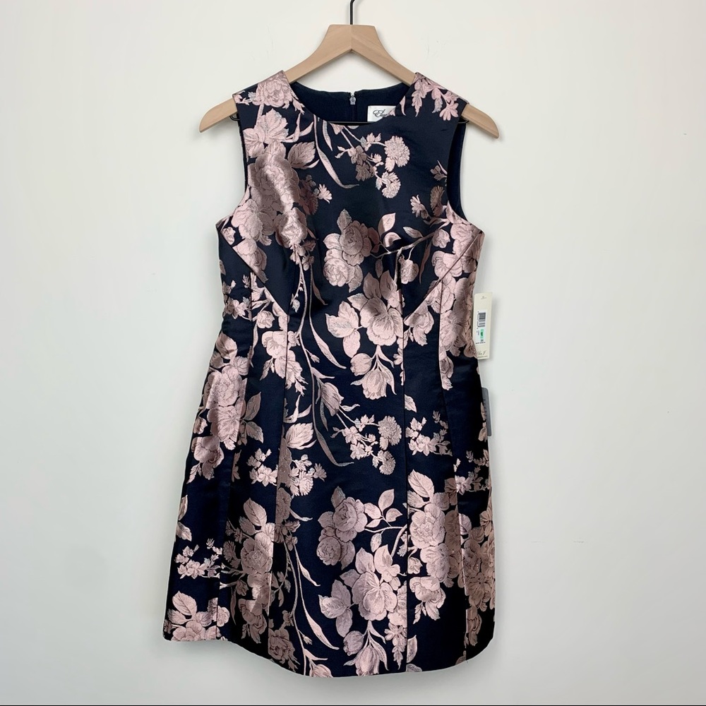 NEW! Eliza J Metallic Floral Navy Pink Fit and Flare Dress, 8P